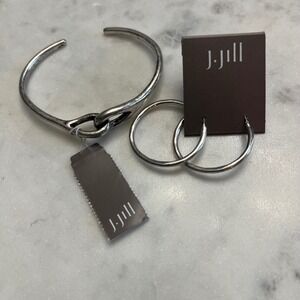 J.Jill Earrings Bracelet Set Silver Tone Knot Cuff Hoop Minimalist New‎ Jewelry